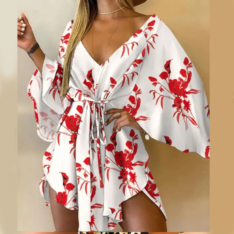 Sexy Women Autumn Summer Mini Dress Floral Print V Neck 3/4 Bat Sleeve Lace Up Irregular Hem Casual Loose Beach Cover Up Dress