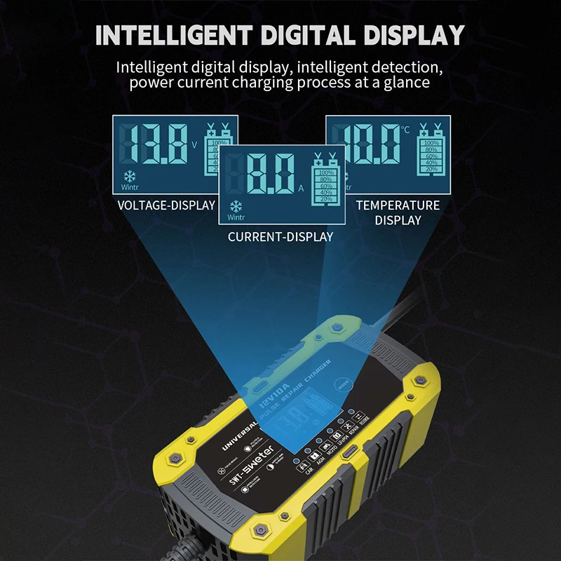 12V 10A Battery Charger for Car Motorcycle LiFePO4 AGM Lead-acid Battery Charge Pulse Repair Intelligent Detection LCD Display