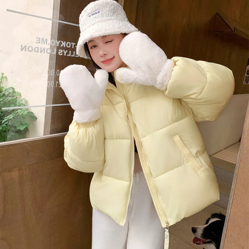 

Korean Sweet Kawaii Pink Cropped Parkas Women Winter Streetwear Puffer Bread Jackets Fashion All Match Cotton-Padded Outerwear