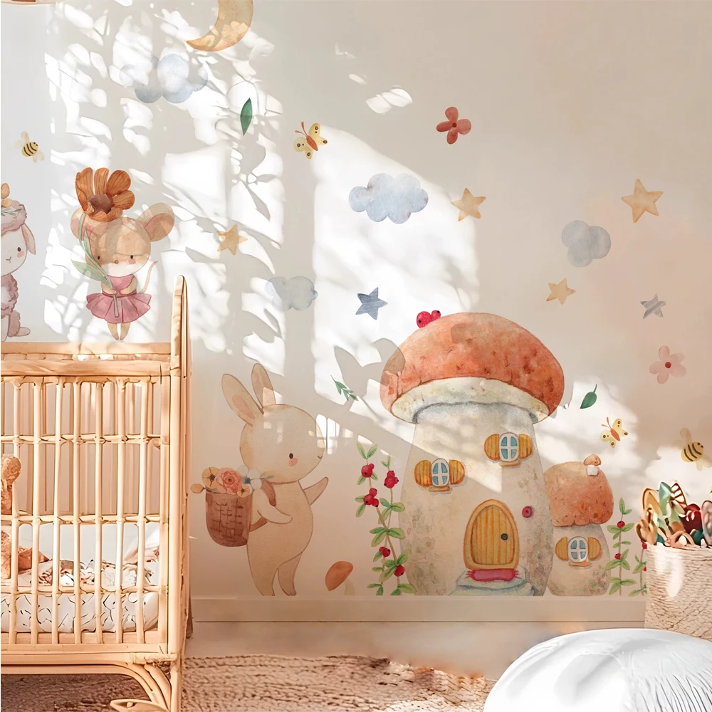 Cartoon Cute Bunny Mushrooms Wall Sticker Kids Room Wall Art Decoration for Bedroom Wall Decals Living Room DIY