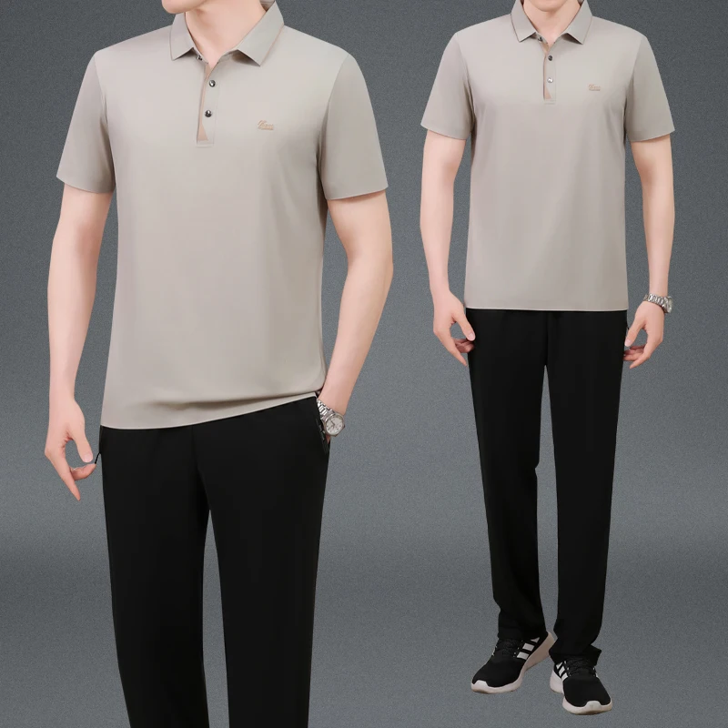 

Loose Fit Ice Silk f Sve T-irt Collared Summer Wear for Middle-Aged Men Busin Sle ort Sve Dad Outfit Set