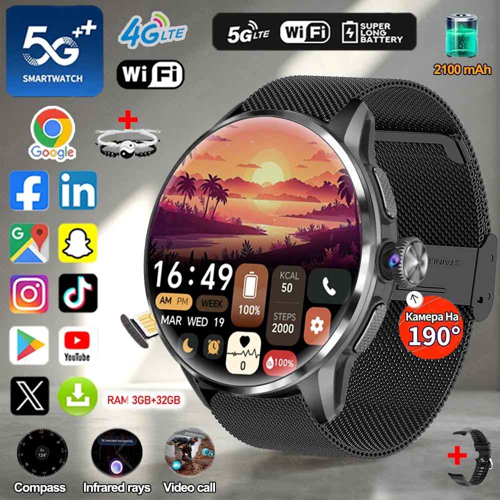 Montre connectée intelligente infrarouge 5G/4G avec écran AMOLED de 1,60 pouce, appels vidéo HD, téléchargement d'applications Google, WIFI, GPS, boussole