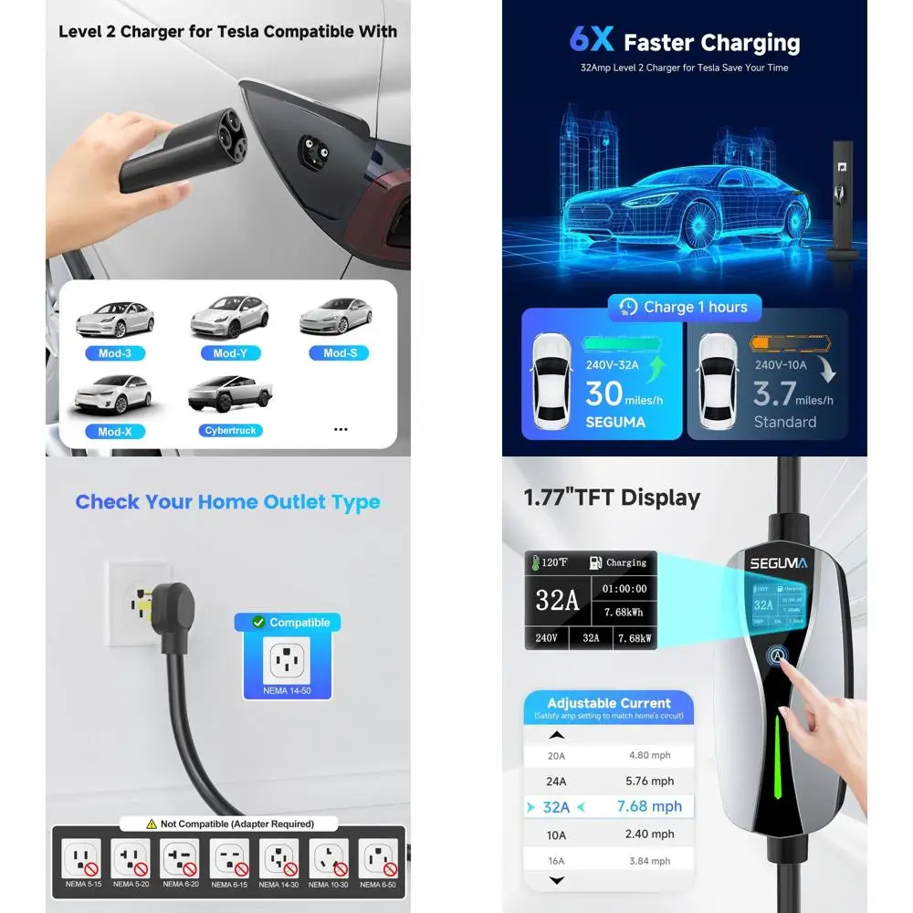 

Зарядное устройство для электромобилей, уровень 2 для Tesla (32 А, 240 В, 7,68 кВт), NEMA 14-50, вилка NACS, зарядные устройства для электромобилей, портативный электромобиль с регулируемым током 25 футов
