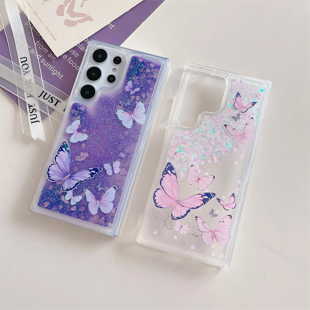 Cartoon Butterfly Flower Glitter Case For Samsung Galaxy S23 S22 Ultra S21 FE S20 Plus A54 A53 A52 A14 A34 A13 Quicksand Cover