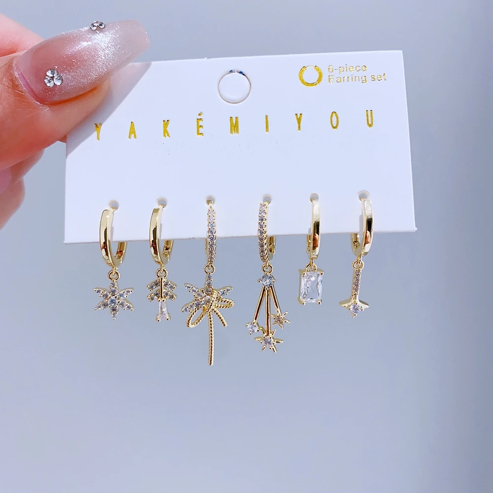 6pcs/set Christmas Snowflake Cubic Zirconia Huggie Earrings Gold Color Plated Women Ear Stack Jewelry