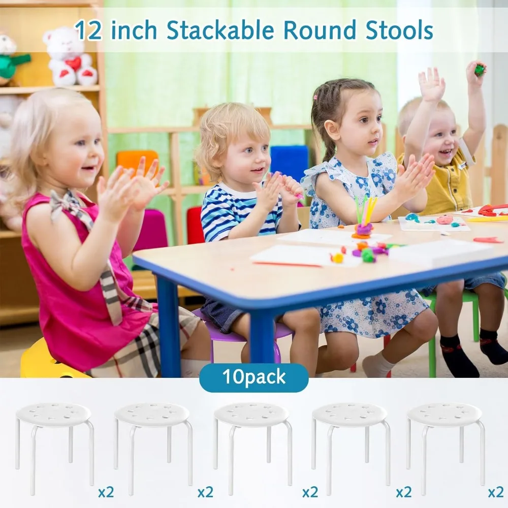 10 Pieces Kids Stackable Stools, 12 Inch Round Classroom Stool Chairs Set Plastic Stacking Stool , School Chairs