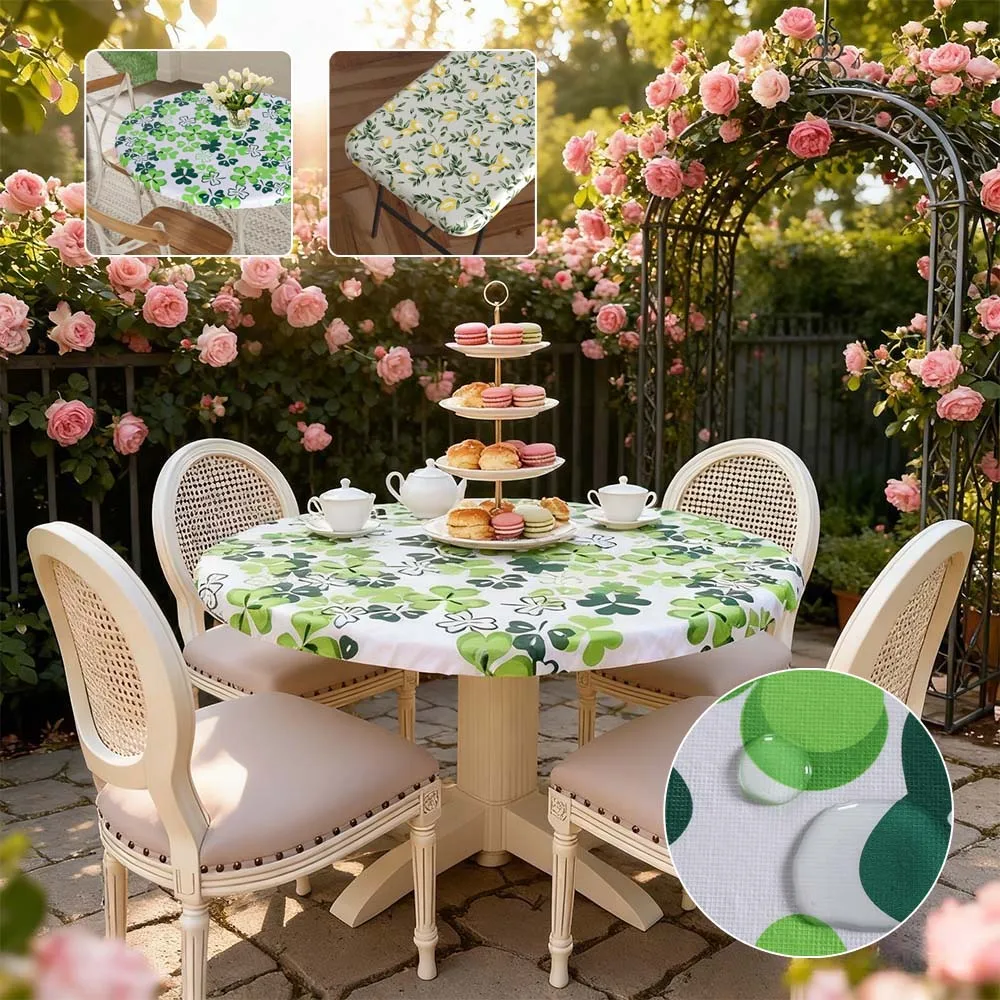 

Green Plant Clover Pattern Outdoor Tablecloth Fitted Waterproof Oil Stain Resistant Thicken Table Covers for Party Garden Decor