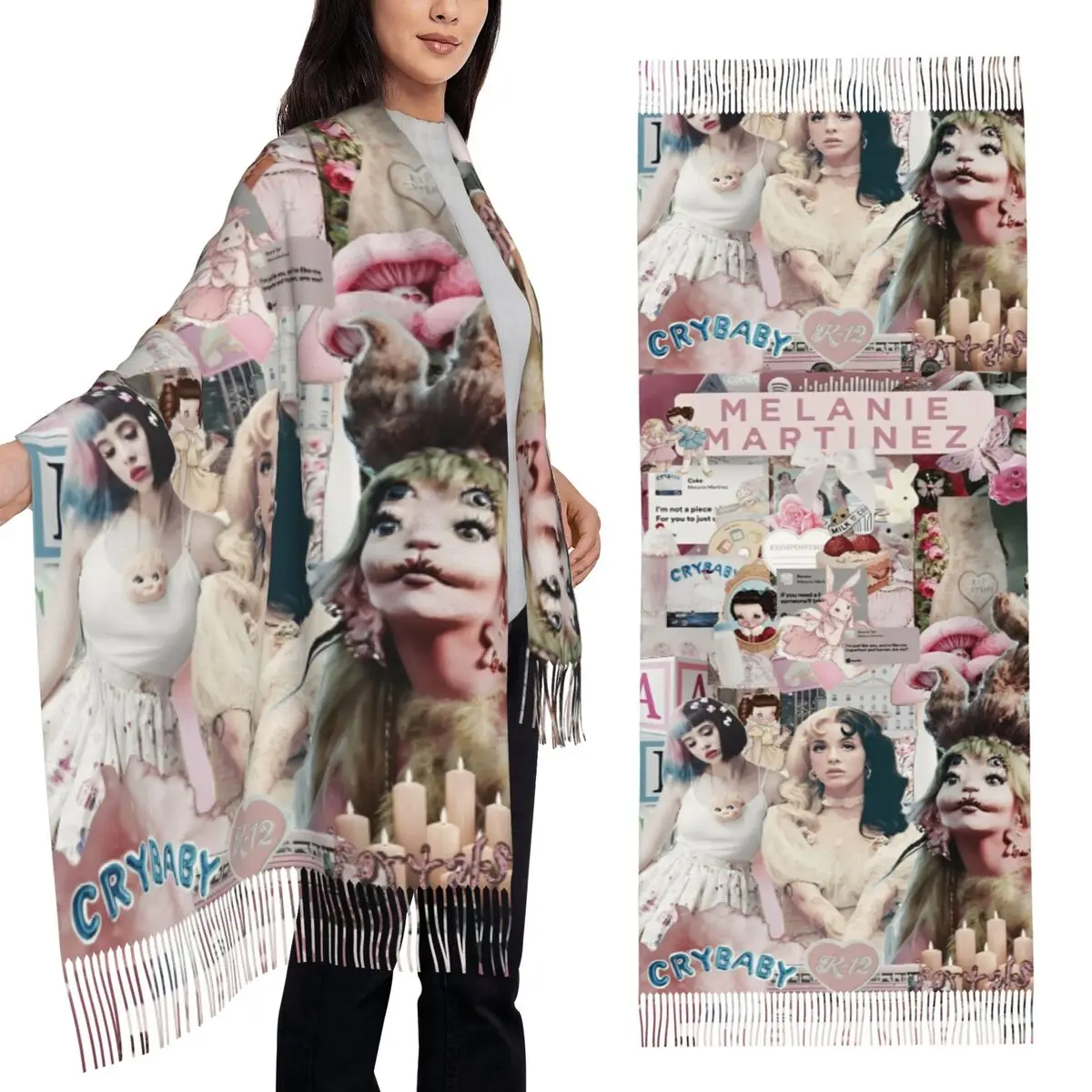 Womens Scarf with Tassel Melanie Martinez Tour 2024 Long Winter Fall Shawl Wrap Daily Wear Pashmina Scarves