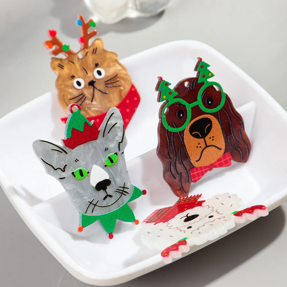 10pcs/lot Christmas Cartoon Animal Acrylic Charms Cute Dog Cat Sheep Pendant for DIY Jewelry Making Earring Keychain Accessories