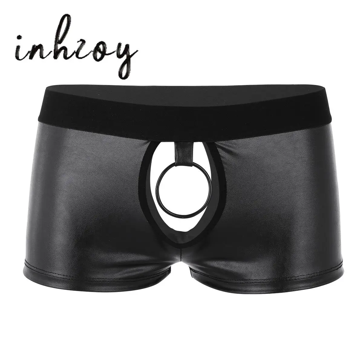 

Gay Mens Sexy Lingerie PVC Leather Metal O-ring Penis Hole Boxer Briefs Underwear Erotic Wet Look Boxershorts Rave Clubwear