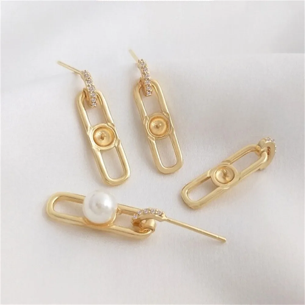 Aguja de plata 925, soporte de cuentas geométricas largas en forma de O, pendientes de tuerca hechos a mano, accesorios de pendientes de perlas DIY, oro de 14 quilates