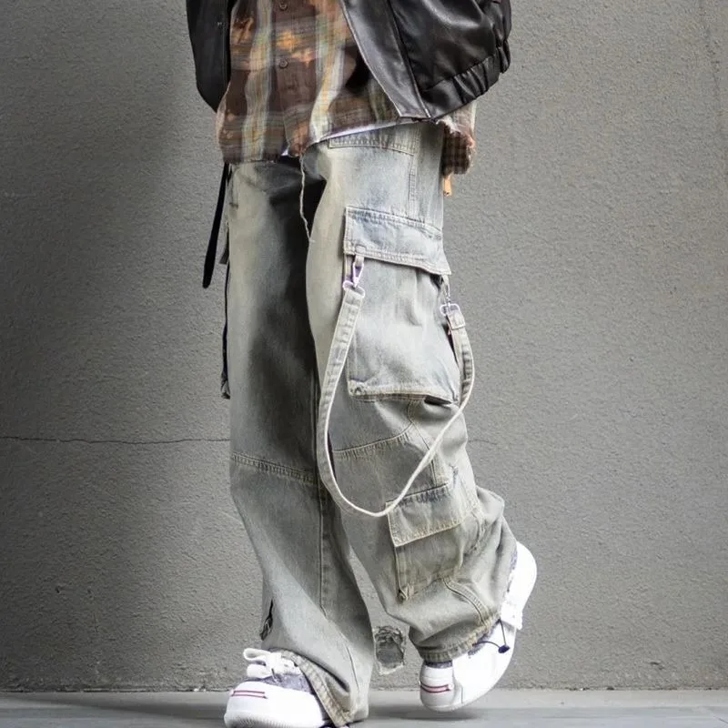 

Men Dark Academia Multi-Pocket Grunge Baggy Y2k Japanese Streetwear Denim Cargo Pants Long Trousers 2000s Jean Goblin Core New