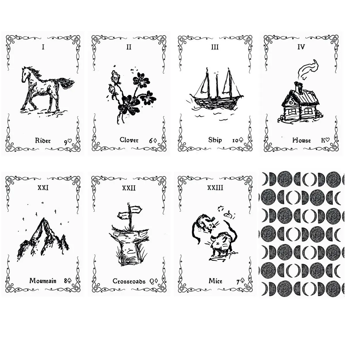 Luna Lenormand Deck 9*6cm – 36 minimalistische schwarz-weiße Orakelkarten im handgezeichneten Skizzenstil