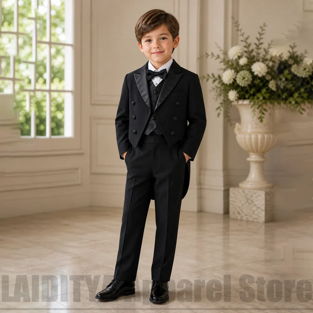 Black Boys Tailcoat Suit Kids Formal Wedding Flower Boy Outfit Blazer Vest Pants Birthday Prom Host Piano Tuxedo 3 Piece