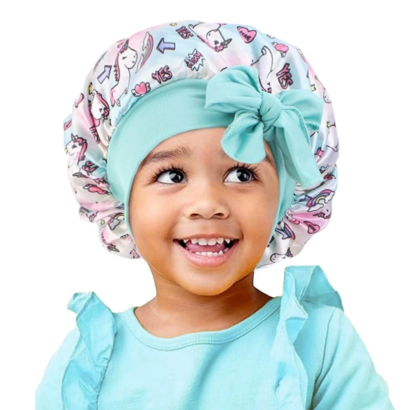 Cute Cartoon Pony Fruit Print Satin Hat for Children Girl Night Sleeping Bonnet Silk Bow Ribbon Hair Cap Kids Hair Protect Hats