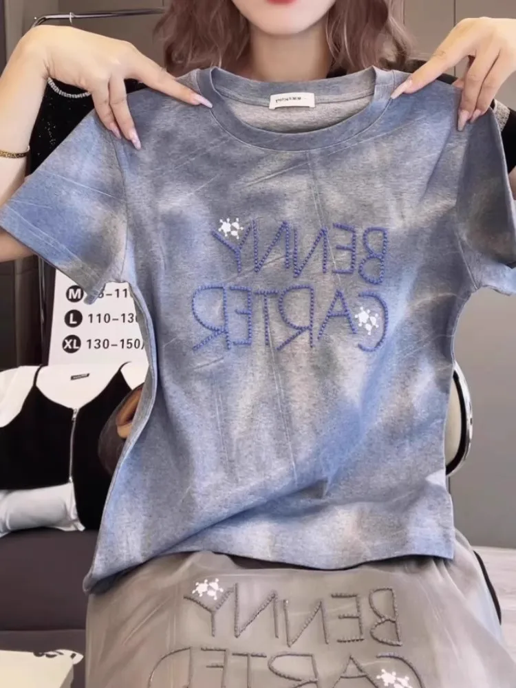 T-shirt Estiva Blu per Donna con Ricamo Glitterato, Top Tie-Dye Stile Coreano, Vestibilità Ampia con Collo Tondo