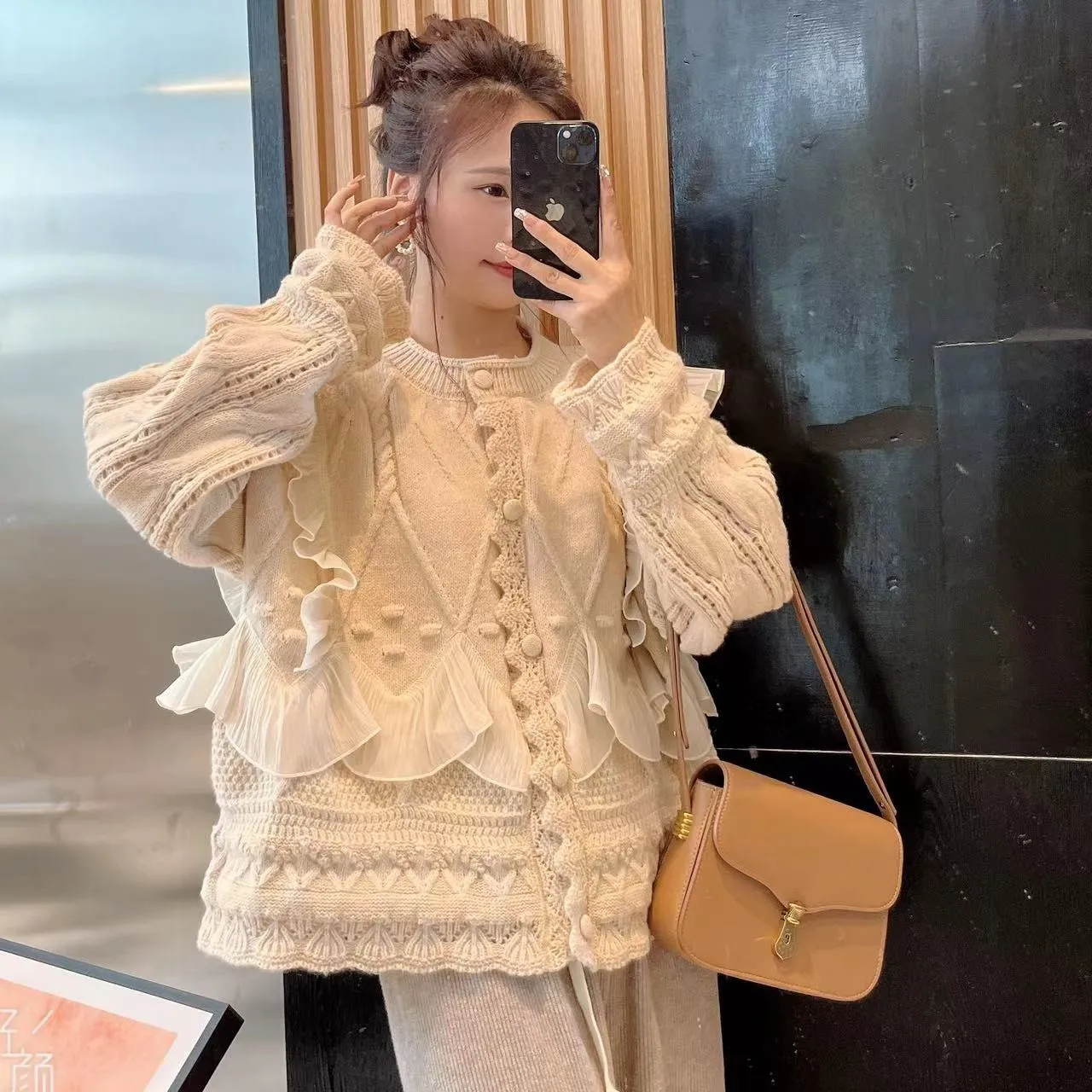 

Apricot O-Neck Fashion Patchwork Cardigan Coat Autumn Winter Long Sleeved Lace Casual Knitted Coat 2023 Women Loose Sweater Coat