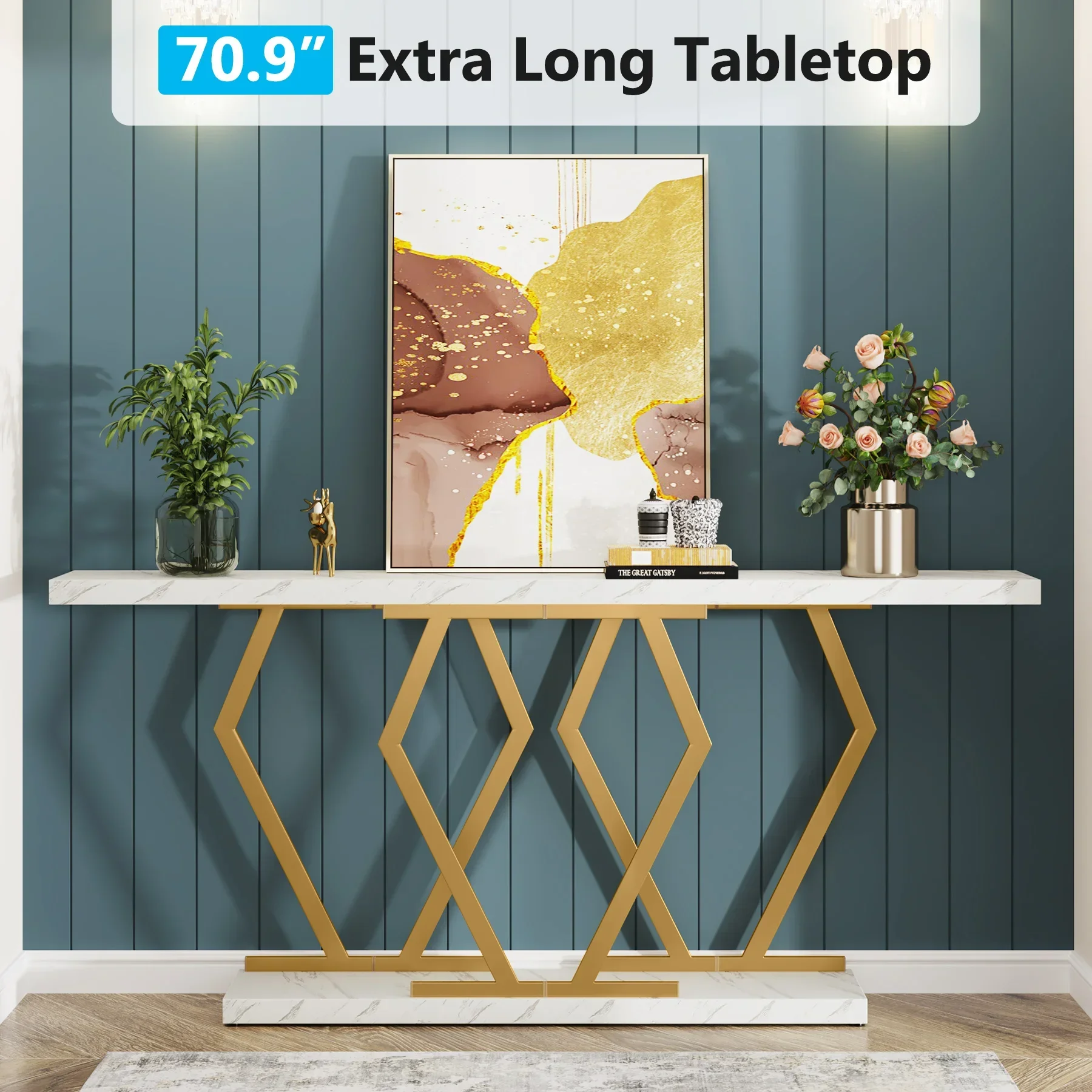 # 70.9 Inch Extra Long Sofa Table， White and Gold Console Table with Faux Marble Tabletop, Modern Long Entryway Table