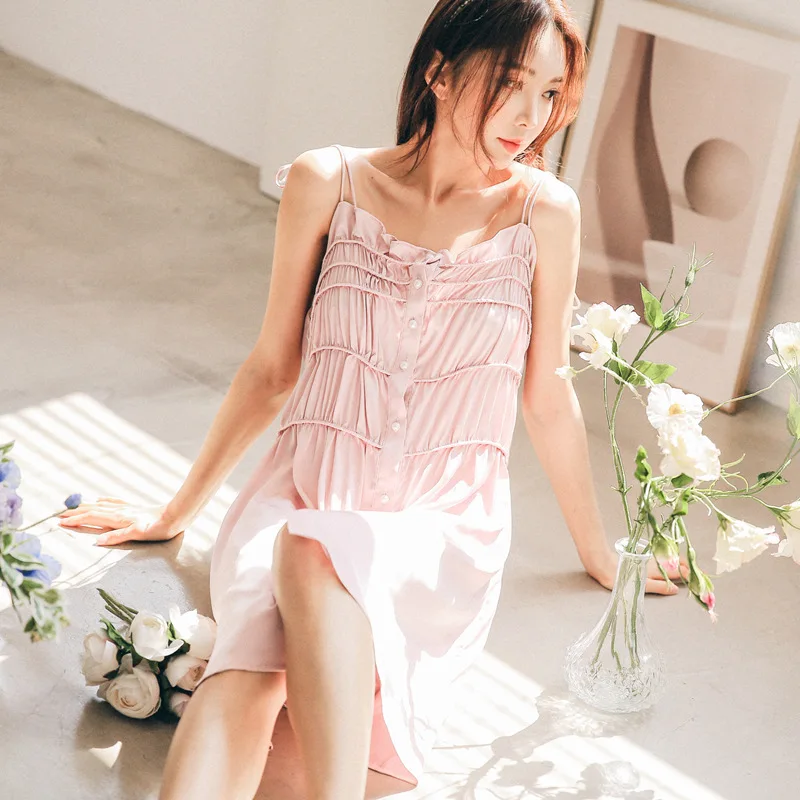 

Spring Vintage Ice Silk Night Dress Princess Sleepwear Nightwear Women Sexy Lace Round Neck Nightdress Solid Color Nightgown