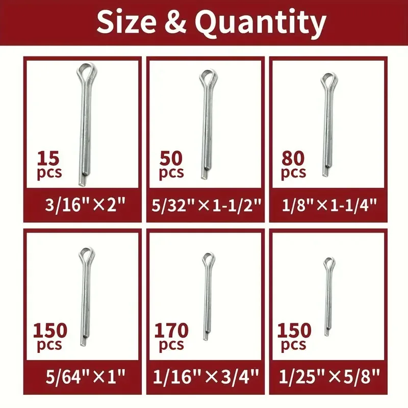 615Pcs Carbon Steel Cotter Pin Assortment Kit 6 Types Clip Key Fasteners for Auto Machinery