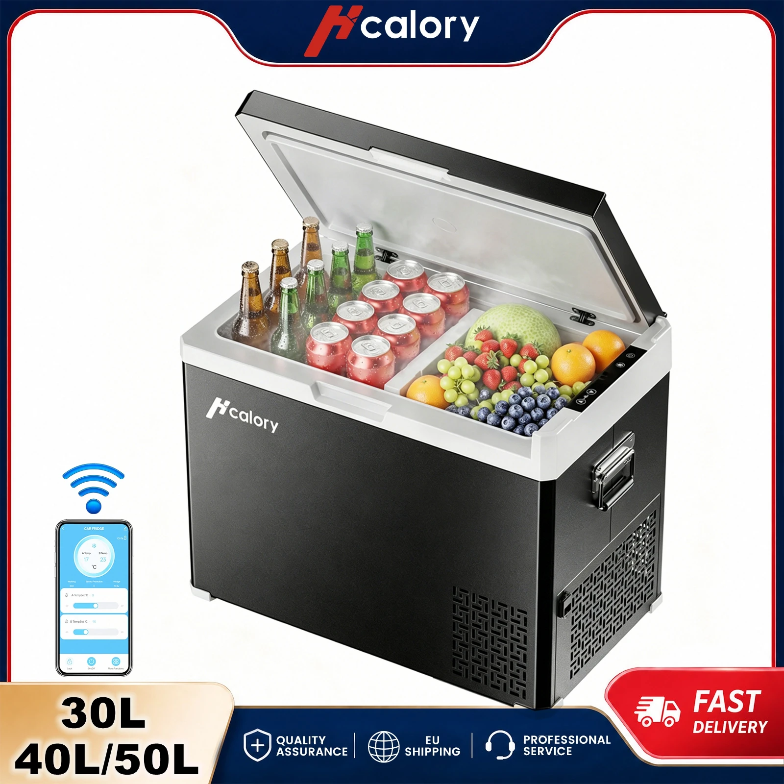 Image of Hcalory D+ Dual-Zone Auto-Kühlschrank 30L 40L 50L Kompressor-Kühlbox mit Bluetooth-App-Steuerung DC12V/24V AC 220V Kühlschrank für Auto LKW Boot Camping