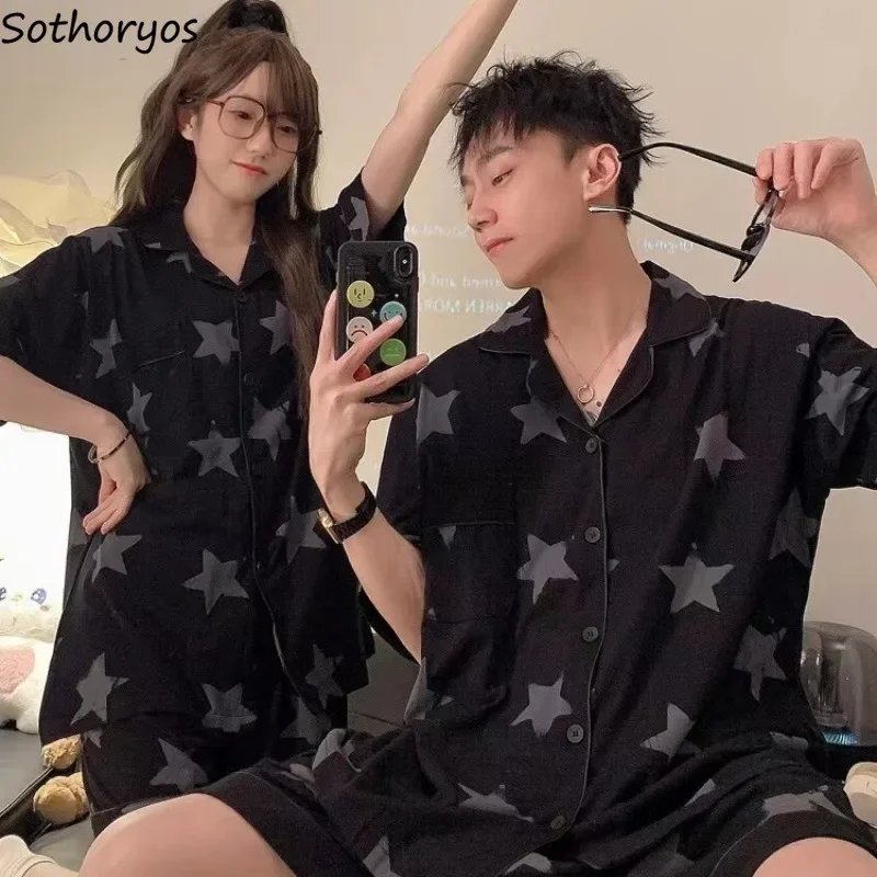 Ins Couple Pajamas Summer Black Star Print Sweet Lovely Simple Homewear Turn-down Collar Pockets Single Breasted Chic Korean