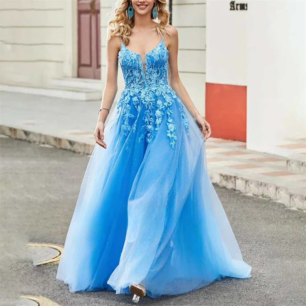 Tüll-Abendkleider für Damen, V-Ausschnitt, langes Ballkleid, Spitzenapplikation, formelle Partykleider, Robes de Soirée, Partykleid