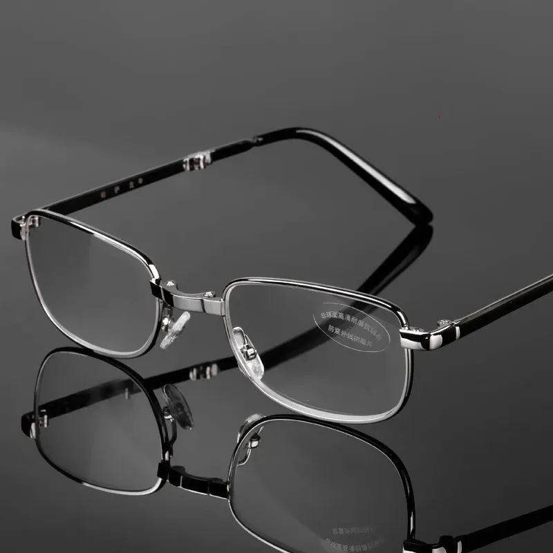 Klappbare Lesebrille für Männer, tragbarer Brillenrahmen mit Etui, silberfarbener quadratischer Vollrahmen + 0,5 + 0,75 + 1 + 1,25 + 1,5 + 1,75 + 2,25 – Detail 3