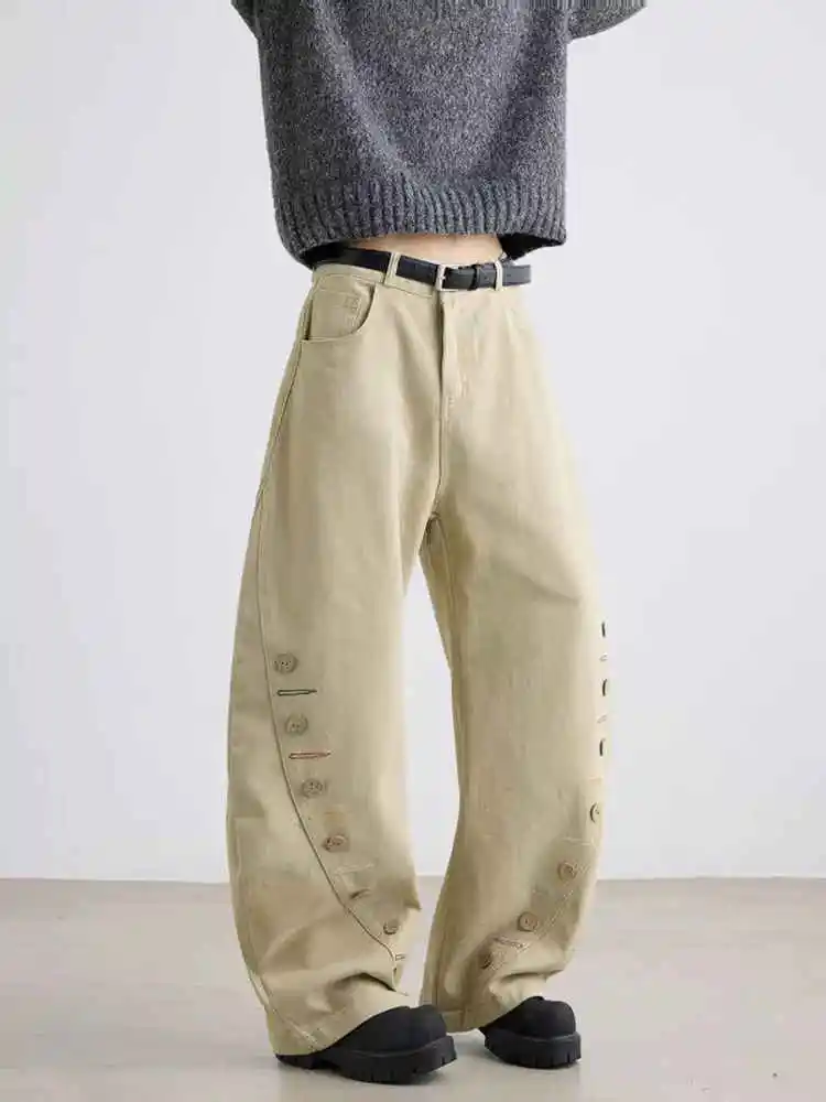 Damskie khakiowe jeansy baggy z guzikami w stylu Y2K, japońskie spodnie typu boyfriend z lat 2000., vintage Harajuku, oversize'owe spodnie dżinsowe na jesień.