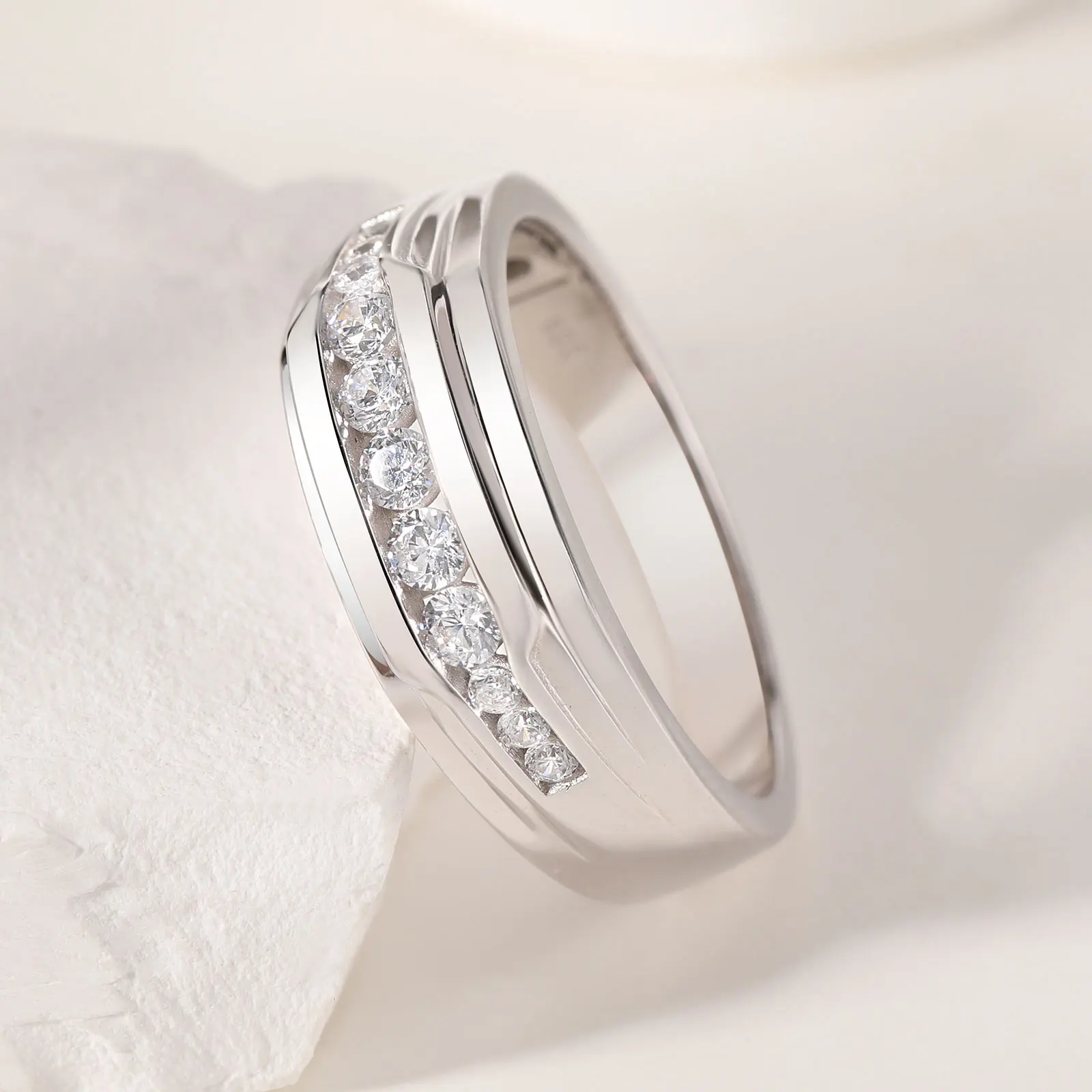 ​Newshe Full Moissanite Wedding Band for Men 925 Sterling Silver Engagement Rings Pave Round Eternity Promise Ring Size 7-13