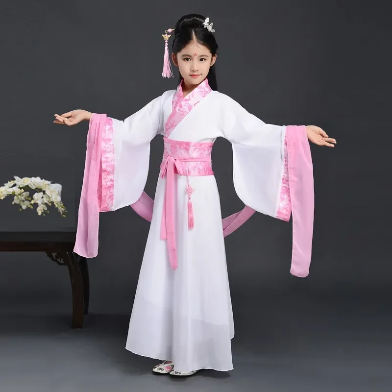 Traje de vestido de seda chinês para meninas, crianças quimono, fã étnico tradicional vintage, estudantes dança coro, hanfu