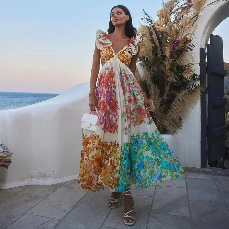 

Summer Fashion Women Colorful Floral Print Maxi Dress Elegant V Neck Flying Sleeve Backless Loose Vestido Vacation Beach Dress