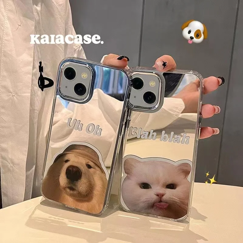  Stupid and Cute Cat and Dog Mirror Phone Case For IPhone 15 14 13 12 11 Pro Max X Xs XR Max On IPhone 7 8 Plus Bumper Cases