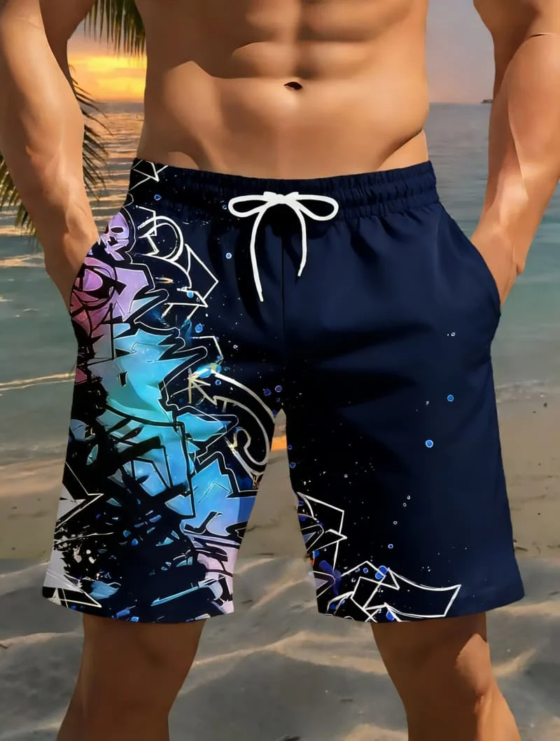 

Vibrant Street Galaxy Graffiti Print Beach Shorts Bold Eye-Catching Relaxed Outfit Wear For Summer Beach And Vacation Looks