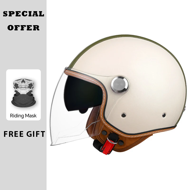 Black Leather Open Face Motorcycle Helmets Men Women Vintage Jet Moto Helmet DOT Retro 3/4 Half Helmet Pedal Personality Scooter
