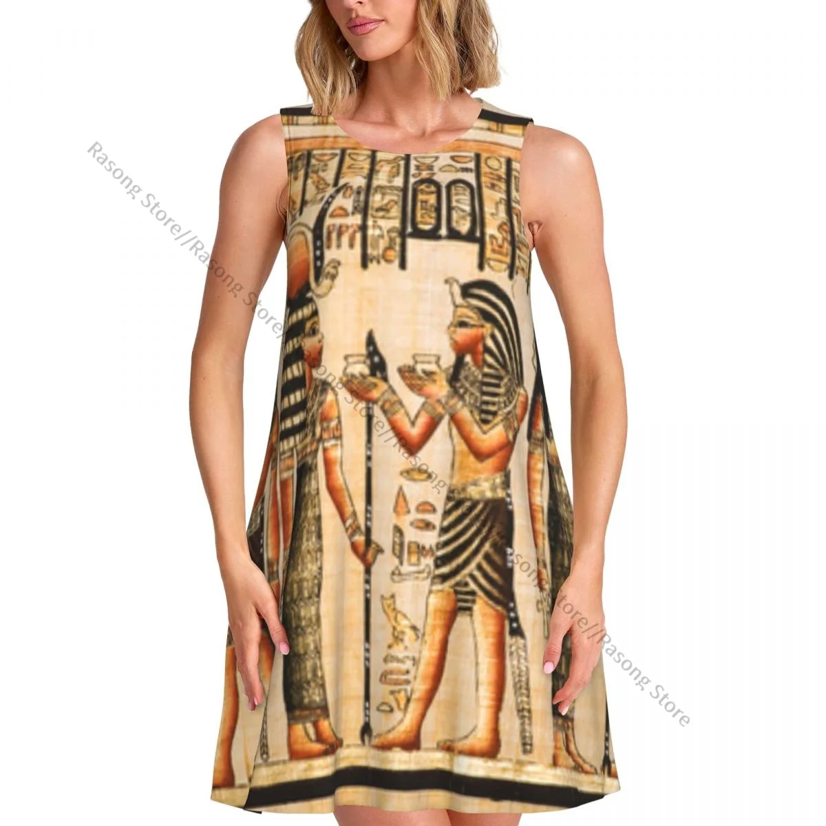 Vestido de Mujer con Estampado de Papiro Egipcio, Faraón Tutankamón y Dioses Osiris y Hathor, Cuello Redondo, Sin Mangas, Largo