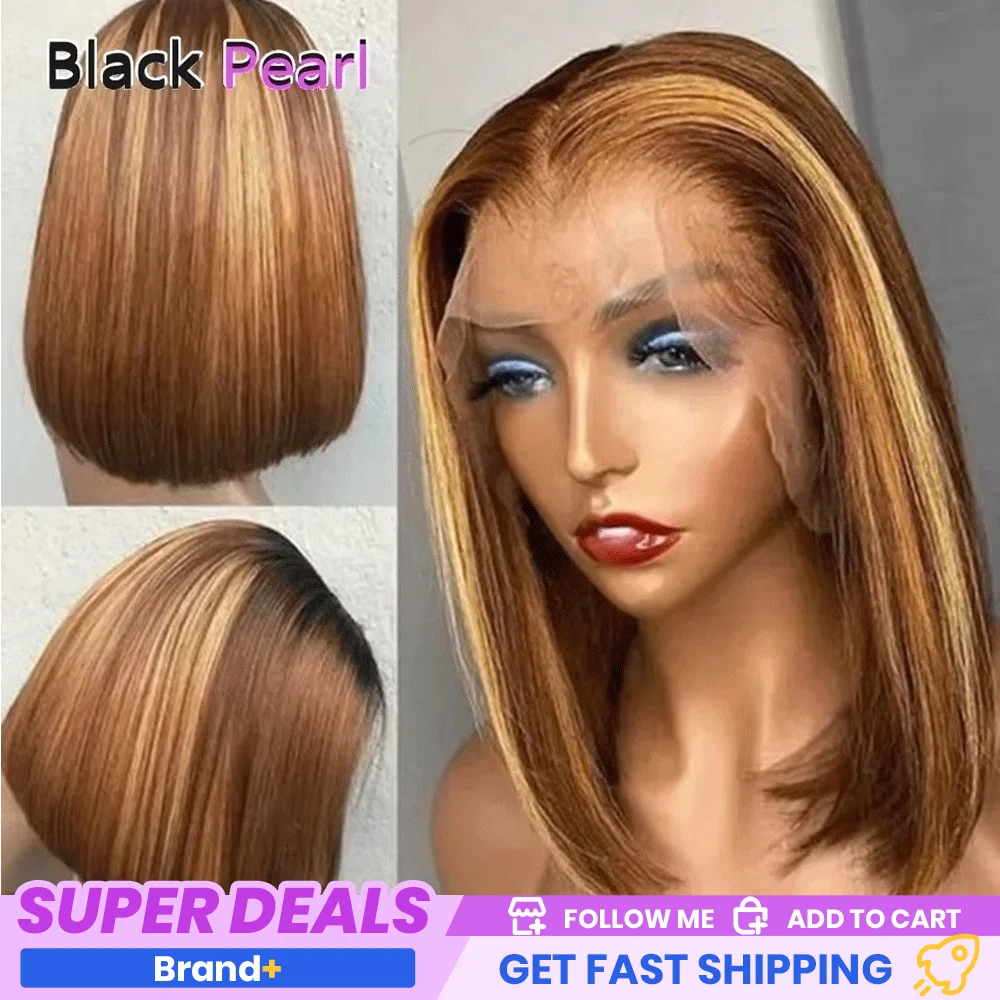 Peruki typu bob z prostych włosów naturalnych Black Pearl Peruvian Highlight P4/27, peruki typu lace front, 100% ludzkie włosy, peruki z koronką dla kobiet, peruka z koronką ombre blond.