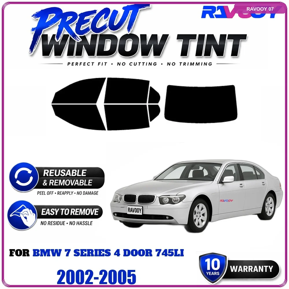 RAVOOY Precut Window Tint, Reusable Removable EPU Film, Custom Fit for Bmw 7 Series 4 Door 745Li 2002-2005, UV Heat Protection