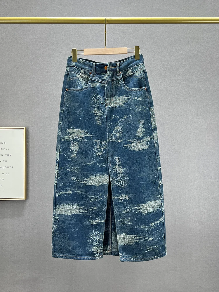 

Ретро-юбка из денима с разрезом, женская, модная, новинка 2024 года, весенняя, свободного кроя, с высокой талией, стройнящая, миди, с запахом.