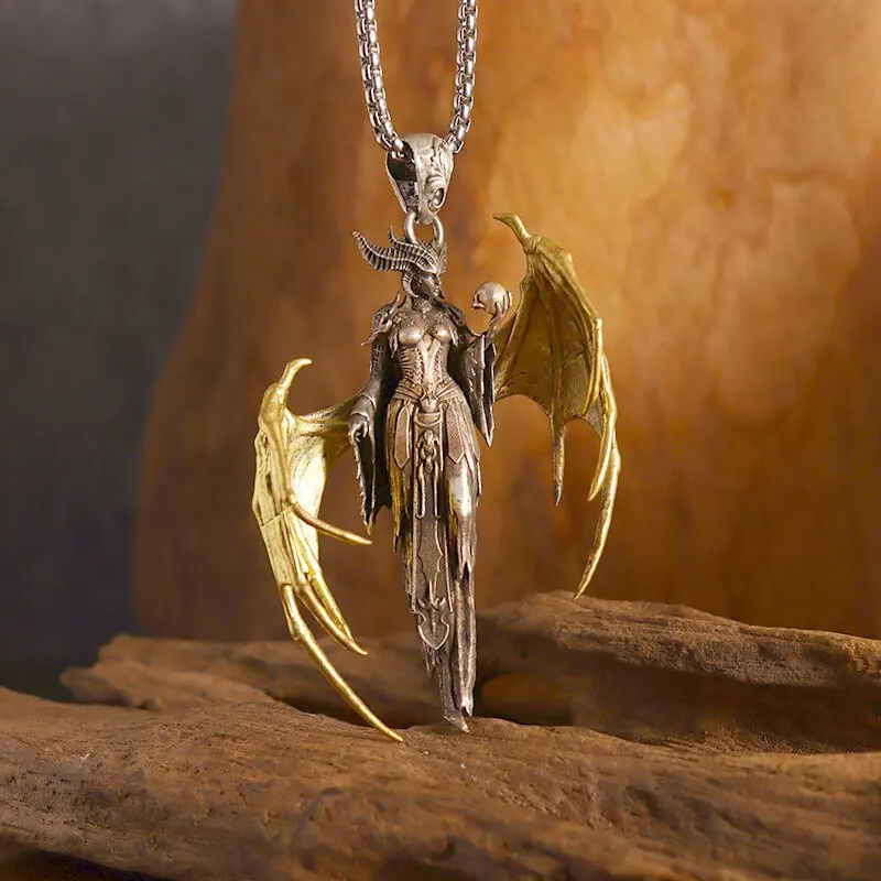 Exquisite Fashion High Quality Gold Color Wings Witch Demon Pendant Necklace for Men Women Rock Party Hip Hop Trend Jewelry