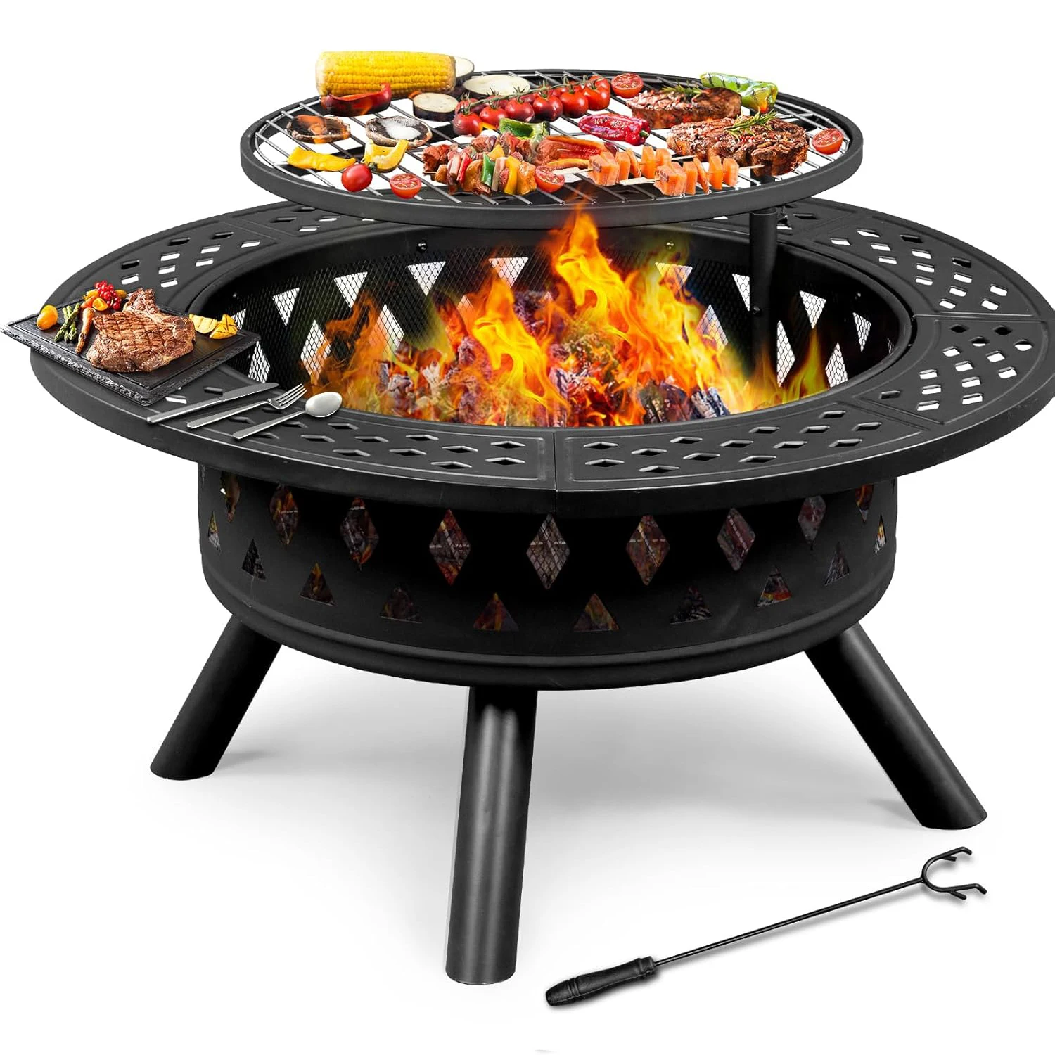 Fire Pit, 38 Inch Outdoor Wood Burning Firepits with Swivel Steel BBQ Cooking Grill, Spark Screen & Poker - Large Fire Bowl