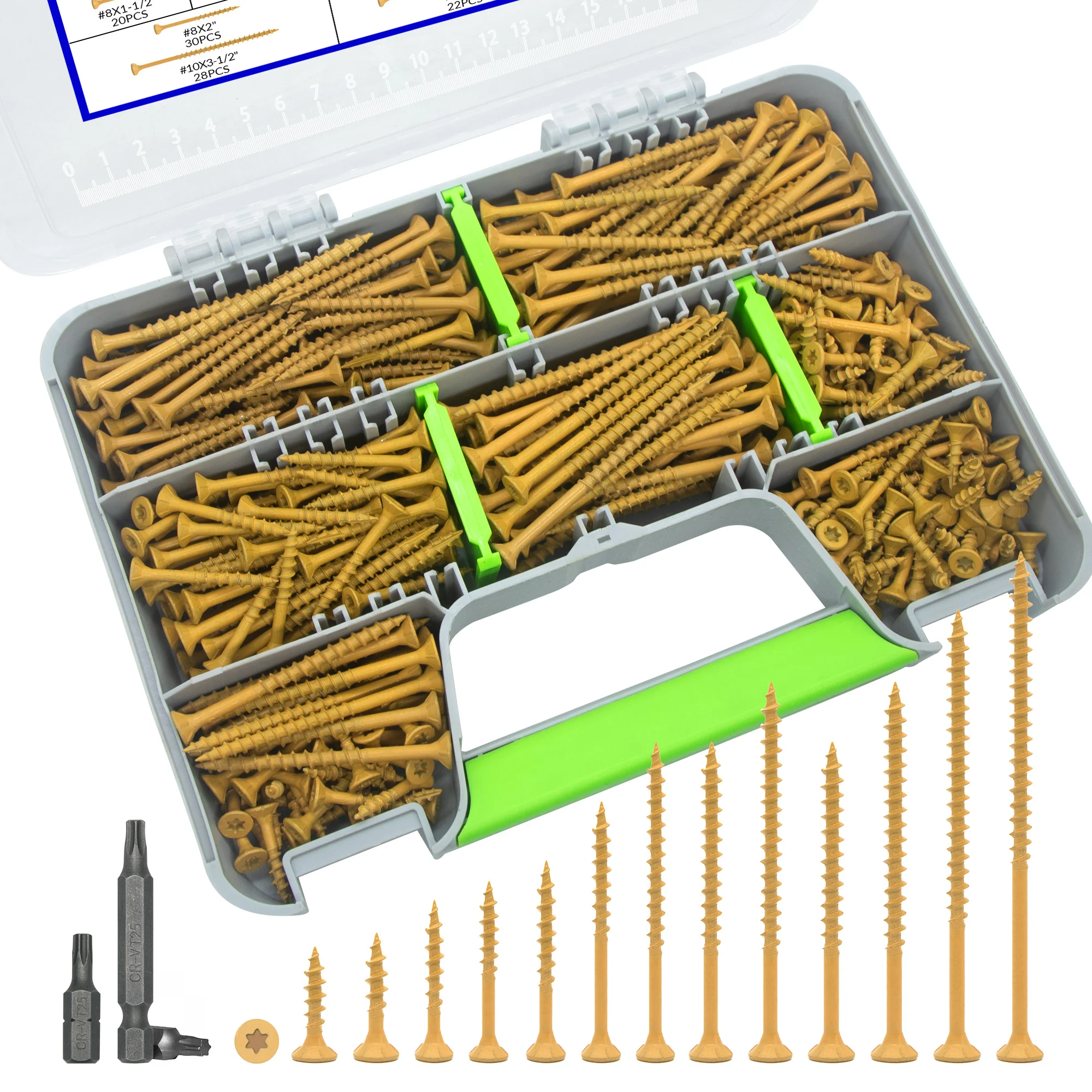 375Pcs Yellow Torx Wood Screws Assortment Kit, With 2pcs Torx Bits, Self-tapping Deck Screws