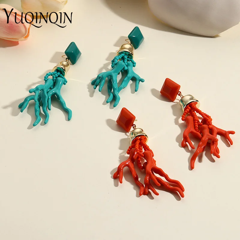 New Trendy Vintage Big Personality Dangle Earrings for Women Long Resin Coral Drop Earring for Girls Tassel Hanging Ear Jewelry