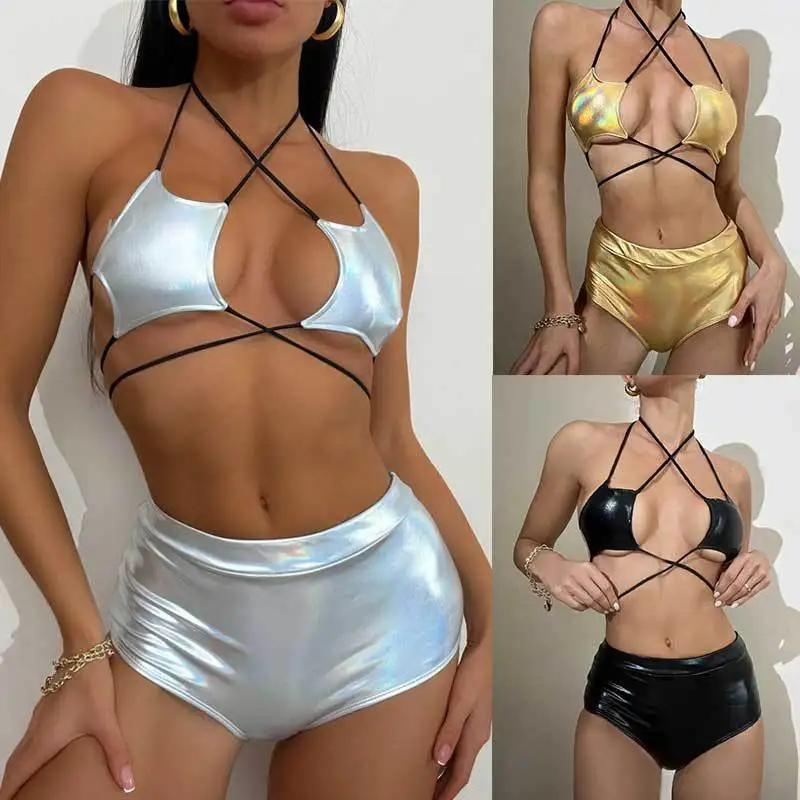 Nowy 2024 błyszczący egzotyczny Mini Pentagram zestawy Bikini 2 szt. Damski minimalistyczny strój klubowy seksowny dziewczęcy mikro Bikini damskie kostiumy kąpielowe