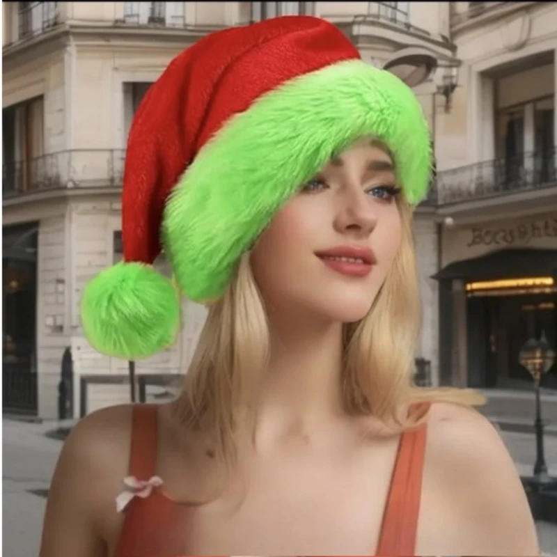 قبعة عيد الميلاد عيد الميلاد قبعة عيد الميلاد الفلورسنت الأخضر الديكور قبعة عيد الميلاد الحمراء من جلد الغزال طبقة مزدوجة لوازم الحفلات