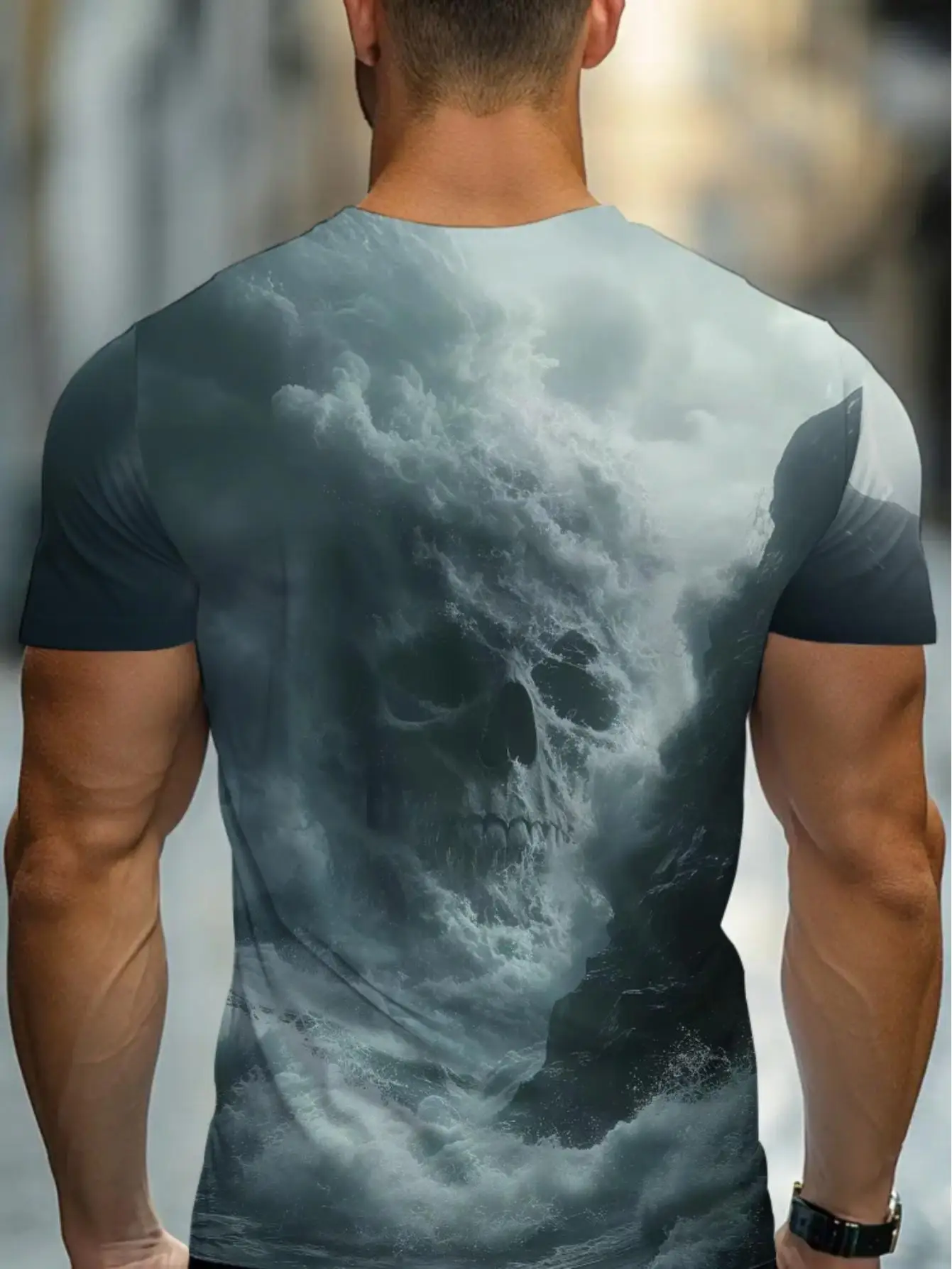 Men's Ocean Wave Hidden Skull Print T-Shirt Dark Sea Horror Pattern Short Sleeve Casual Street Daily Top