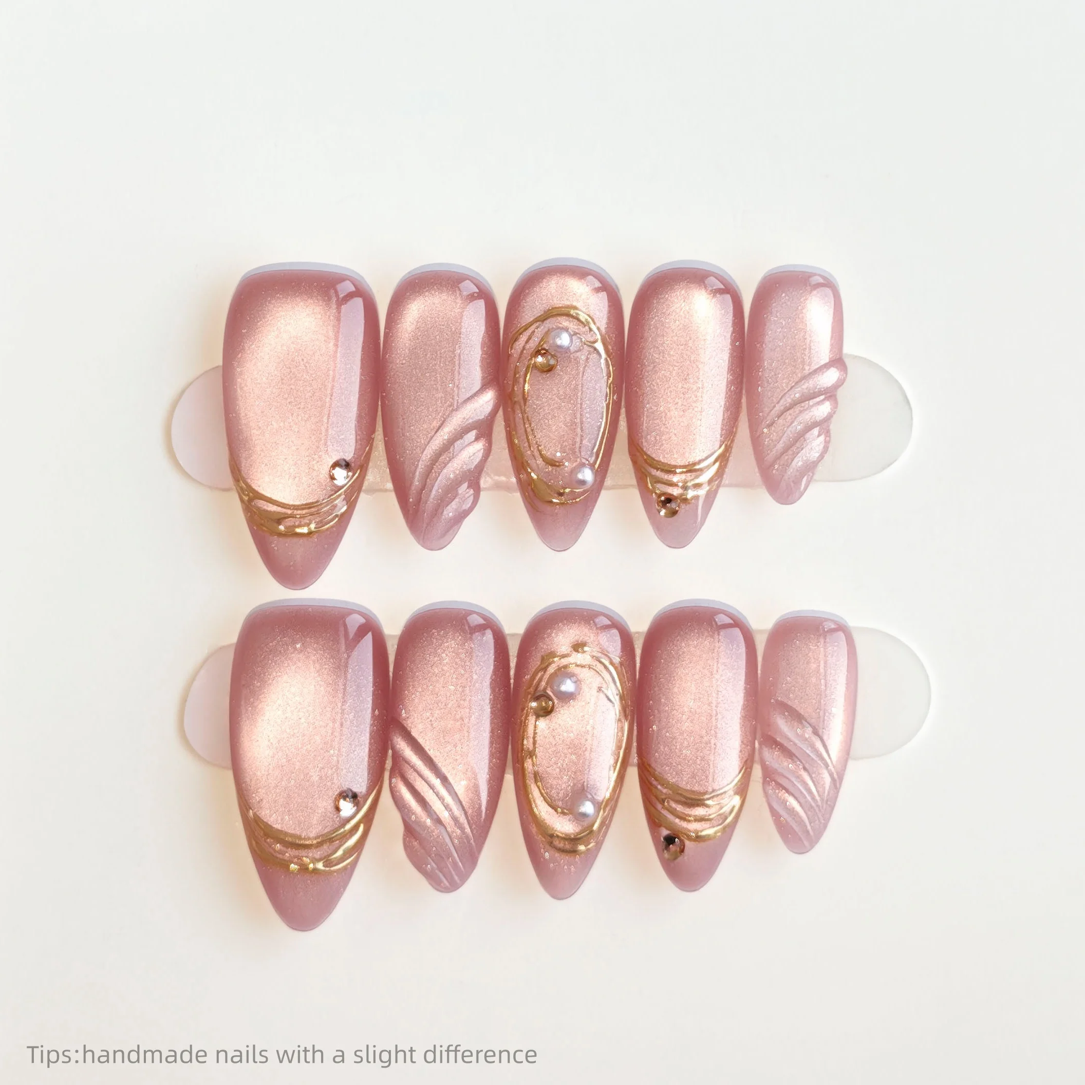 10 Stück handgemachte glänzende rosa Gold Gel Linie Perle Press on Nails Mandel lange volle Abdeckung tragbare wiederverwendbare koreanische süße falsche Nägel