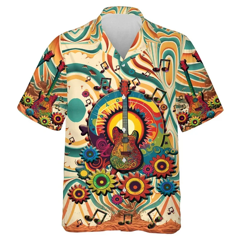 Camisa masculina havaiana de instrumentos musicais, gráfico musical hippie, blusa impressa em 3D, casual rua, manga curta Aloha camisas, lapela tops