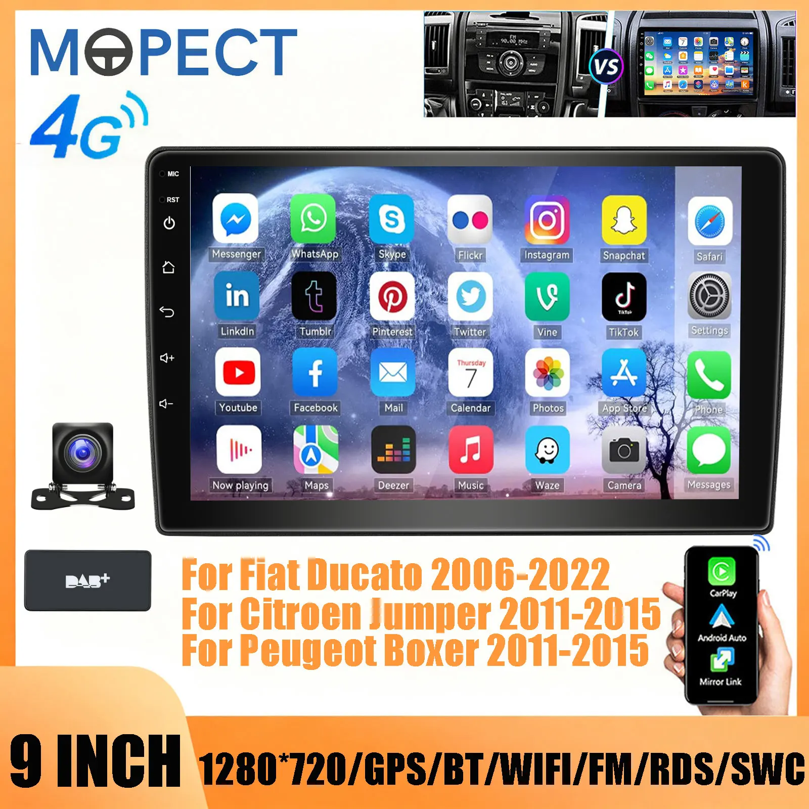MOPECT Autoradio 9'' 6+128G con DAB+, telecamera per Fiat Ducato 2006-2022/Citroen Jumper 2011-2015/Peugeot Boxer 2011-2015, Carplay Wireless, Android Auto, Lettore Multimediale, Autoradio 4G Wifi,