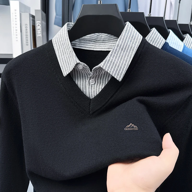 Maglione stampato in due pezzi finto da uomo Camicia base con colletto stile primavera e autunno 2025 Nuovo maglione lavorato a maglia in lana di pecora